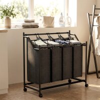 Wäschesammler mit Griff, 108 L rollbarer Wäschekorb mit 4 Fächern und Rollen, Schwarz