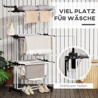 Wäscheständer, 4 Ebenen, klappbar, 4 Rollen mit 2 Bremsen, Metallrahmen, Schwarz, 73 x 64 x 177cm
