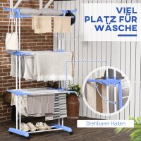Wäscheständer, 4 Ebenen, klappbar, 4 Rollen mit 2 Bremsen, Metallrahmen, Blau+Weiß, 73 x 64 x 177cm
