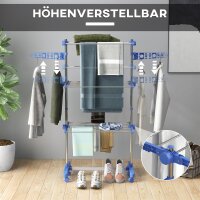 Wäschenständer Wäschetrockner. 4 Ebenen, klappbar, One-Klick-System, 142 cm x 55 cm x 152 cm Blau + Silber