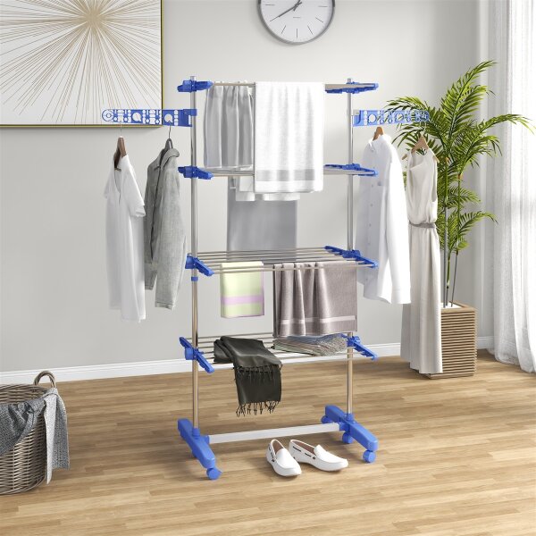 Wäschenständer Wäschetrockner 5 Ebenen, klappbar, One-Klick-System, 142 cm x 55 cm x1 72 cm, Blau + Silber
