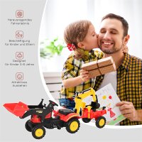 Trettraktor mit Anhänger, Frontlader, verstellbarer Schaufel, Traktor Tretfahrzeug für Kinder ab 3 Jahren Rot