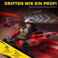 Go-Kart für Kinder, Elektro-Kart mit Hupe und Musikfunktion, verstellbarer Sitz, bis 12 km/h, Kunststoff, Metall, Rot