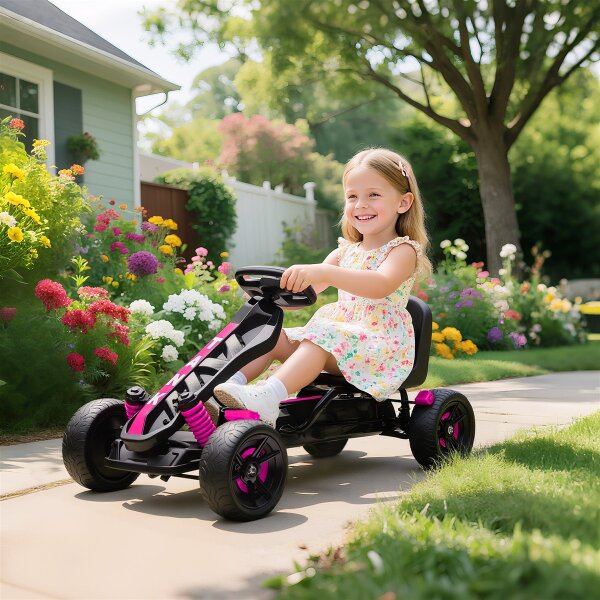 Gokart mit Pedalen, Tretauto für Kinder mit Bremse, rutschfeste Räder, Metallrahmen, 3-6 Jahre, Rosa