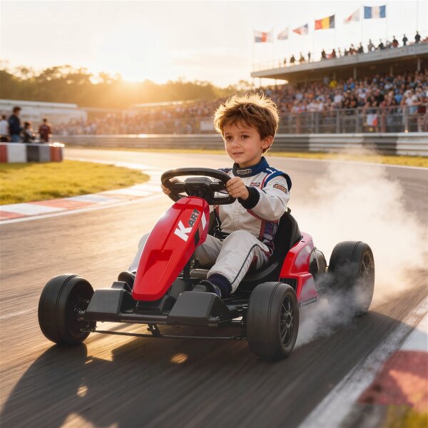 24V Elektrisches Go-Kart, Drift-Modus, verstellbarer Sitz, 5-Punkt-Sicherheitsgurt, Musikfunktion, 6-12 Jahre Rot