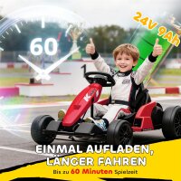 24V Elektrisches Go-Kart, Drift-Modus, verstellbarer Sitz, 5-Punkt-Sicherheitsgurt, Musikfunktion, 6-12 Jahre Rot