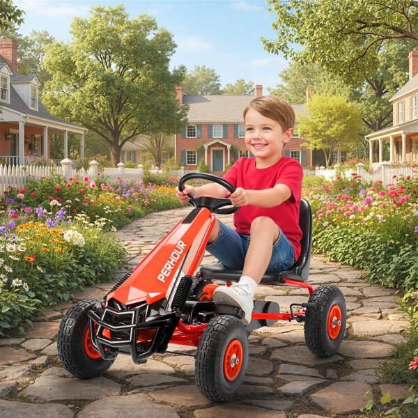 Pedal-Gokart für Kinder, höhenverstellbarer Sitz, EVA-Räder, Bremse, Kupplung, 3-8 Jahre, Rot