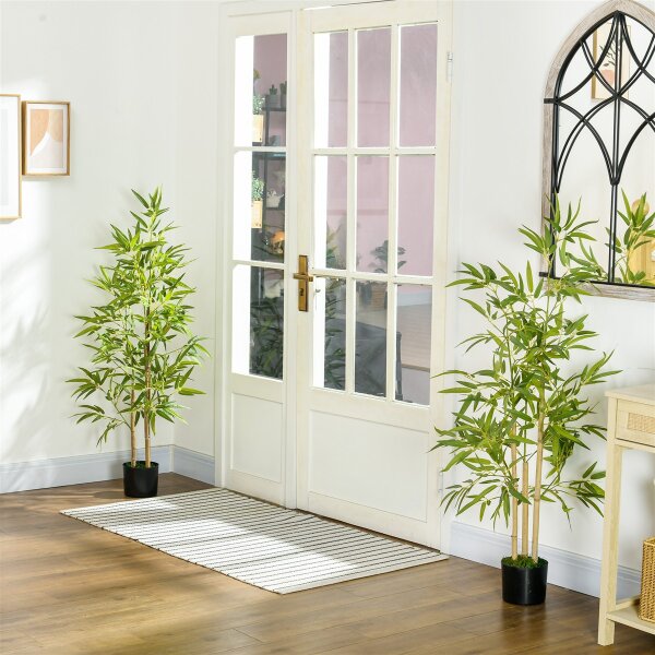 Bambus-Kunstbaum 2er-Set, 3 Stämme, pflegeleicht, 120 cm, Zementtopf, Grün
