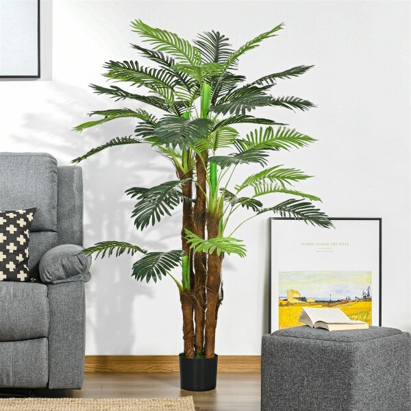Künstliche Palme, 1,6 m, realistische Zweige, Dekorationspflanze, Kunststoff, mit Topf, Braun+Grün