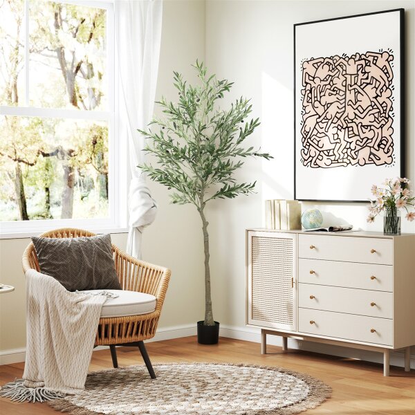 Kunstpflanze, Künstlicher Olivenbaum, 180 cm, 900 Blätter, 40 Oliven, stabiler Blumentopf, Dekorationspflanze, Grün