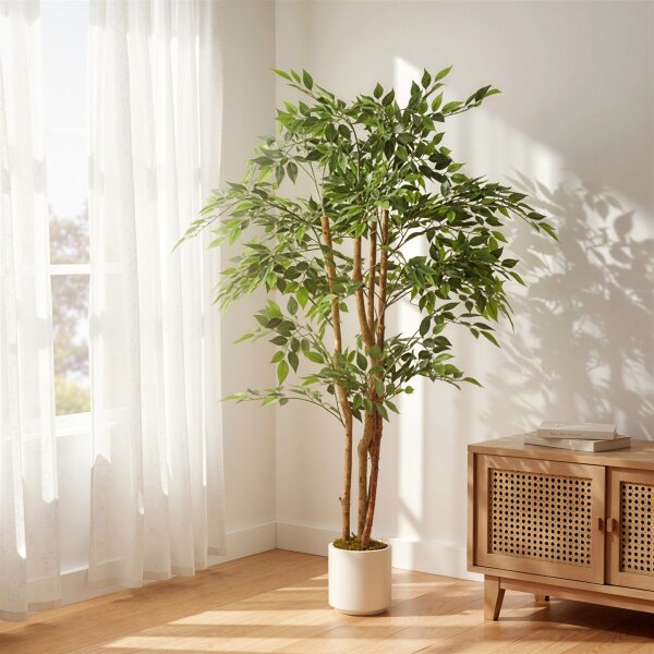 Künstlicher Banyanbaum Kunstpflanze mit Massivholzstamm, Topf, für Wohnzimmer Schlafzimmer Büro 65 x 65 x 150 cm Grün