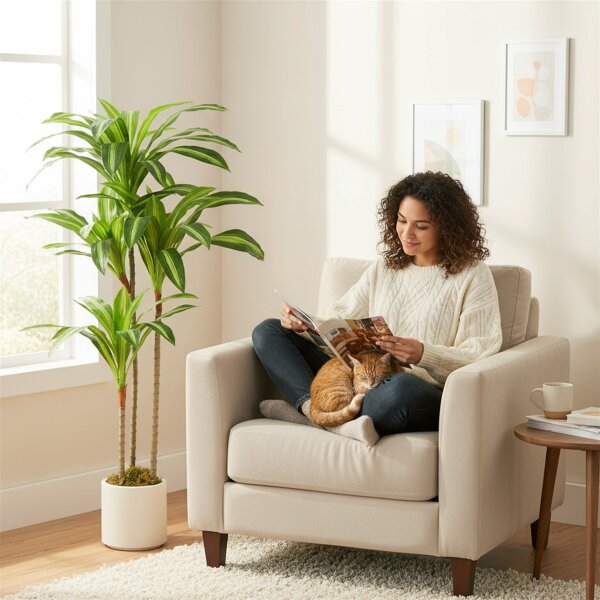 Künstlicher Dracaena-Baum 120 cm mit biegsamen Stämmen und weißem Pflanzgefäß für Wohnzimmer Schlafzimmer Büro