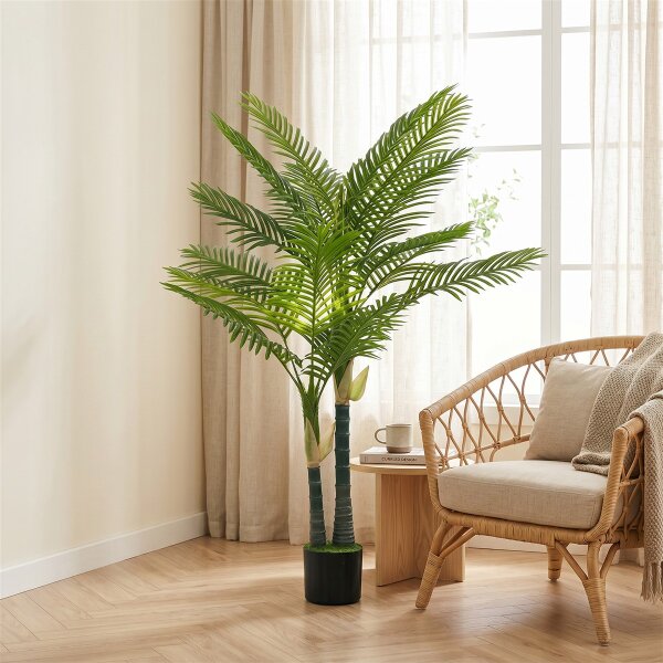 Künstliche Palme 150cm Kunstpalme mit 16 Palmenwedel Groß Kunstpflanze im Topf für Wohnzimmer Balkon Dekoration Grün