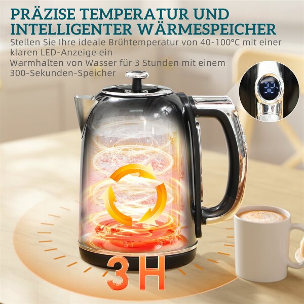 Wasserkocher- und Toaster-Set, LED-Anzeige, 1,7 Liter, 2200W, Retro-Design, Memory-Funktion, Schwarz