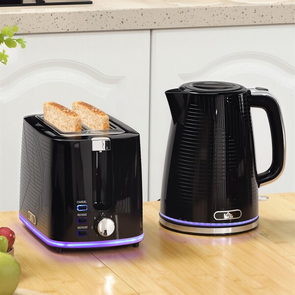 Wasserkocher- und Toaster-Set, 2200W, Otter-Thermostat, 2-Schlitz-Toaster, 7 Bräunungsstufen, Krümelfach, Schwarz