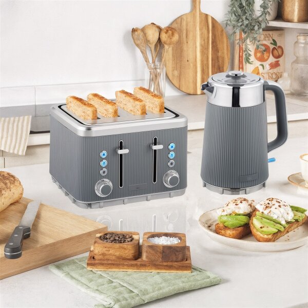 2200W, 1,7L Wasserkocher mit Schnellkochfunktion, Entkalkungsfilter und 4-Scheiben-Toaster mit 7 Bräunungsstufen, Grau