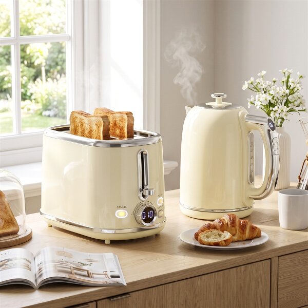 Wasserkocher- und Toaster-Set mit LED-Display, 1,7-L-Wasserkocher mit 3 Std. Warmhaltefunktion, Creme