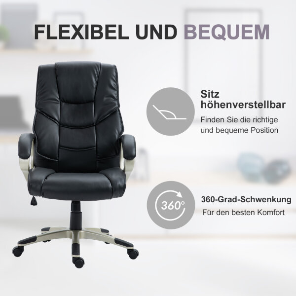 Bürosessel Chefsessel mit Wippfunktion Bürostuhl Schreibtischstuhl Ergonomischer Drehstuhl Sportsitz Hoher Rückenlehne Schwarz Kunsterleder Metall 70 x 58 x 114–124 cm