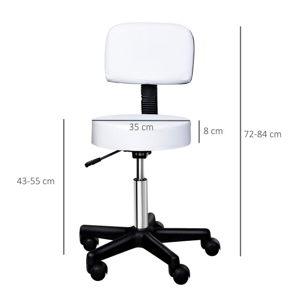 Rollhocker höhenverstellbar mit Rückenlehne Drehhocker 72-84 cm Arbeitshocker 360° drehbar Bürohocker für Büro Salon Massage Spa Weiß