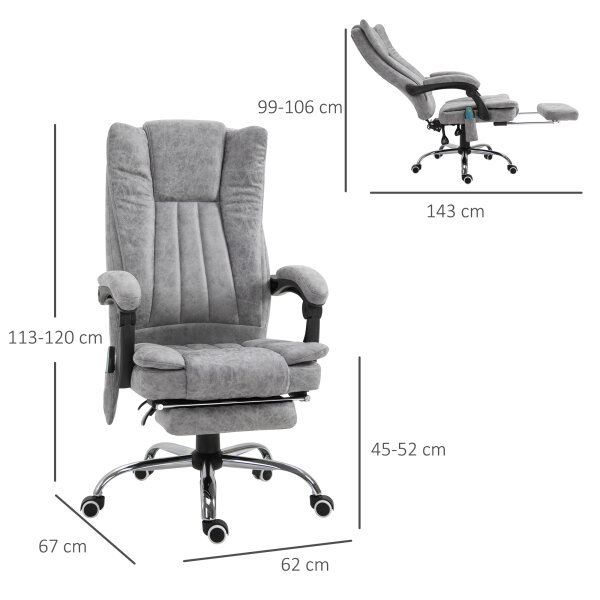 Bürostuhl mit Massagefunktion, Ergonomischer Schreibtischstuhl mit Heizfunktion, Liegefunktion, Höhenverstellbarer Drehstuhl mit Fußstütze, Seitentasche, Grau