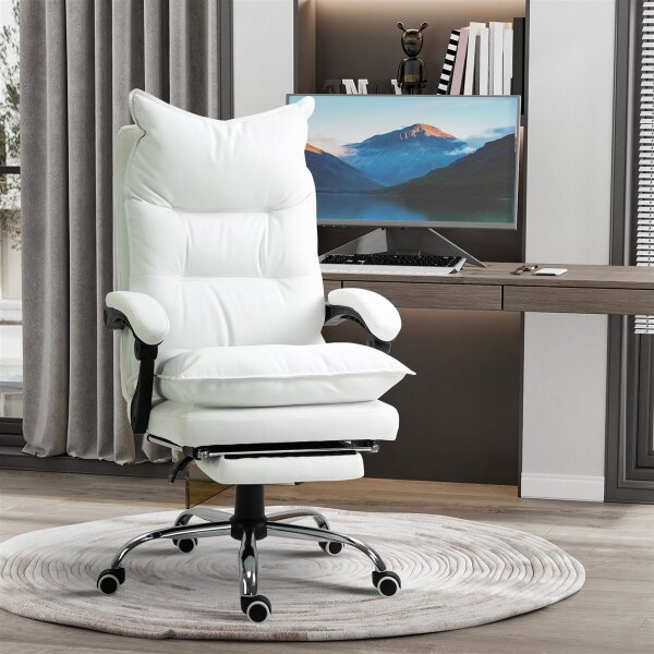 Bürostuhl mit Liegefunktion, ergonomisch höhenverstellbar  mit Fußstütze, gepolstert, bis 135 kg belastbar, 66 x 72 x 122-130 cm, Weiß