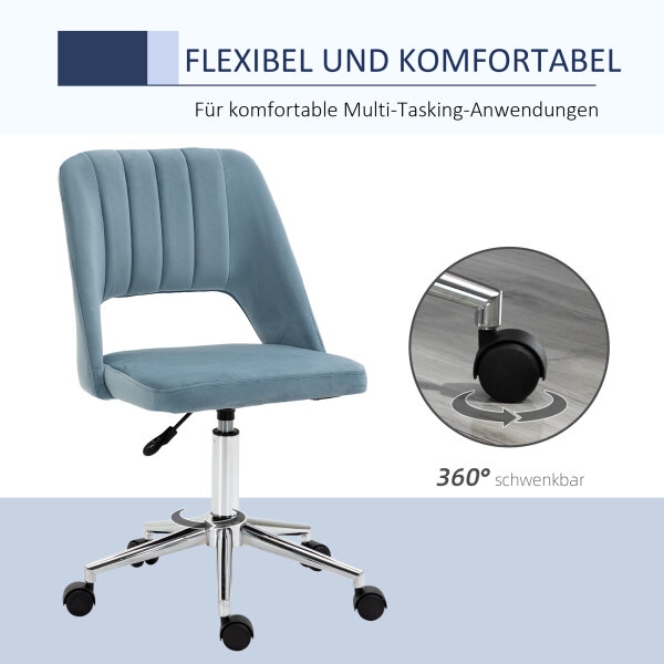 Schreibtischstuhl, Höhenverstellbar Homeoffice Stuhl ohne Armlehne, drehbar Bürostuhl mit Samtoptik, Ergonomisch Schminkstuhl für Schlafzimmer, Arbeitszimmer, Blau