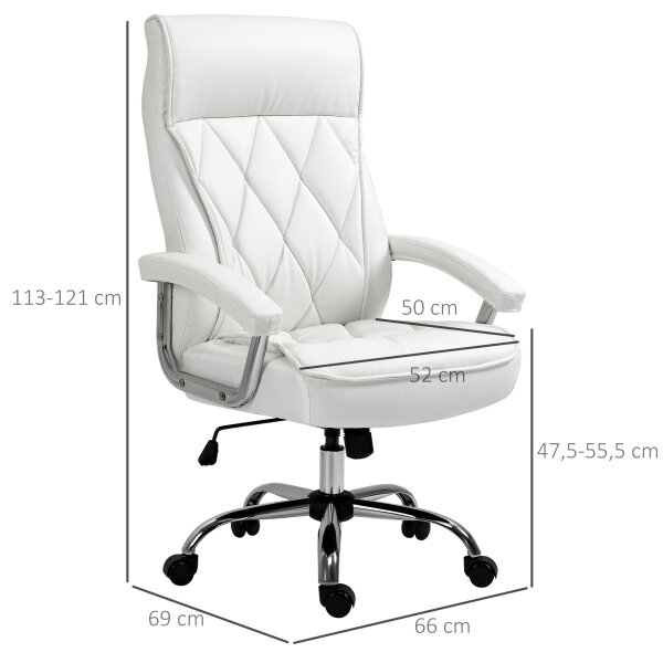 Bürostuhl, ergonomischer Schreibtischstuhl, höhenverstellbarer Drehstuhl mit Wippfunktion, Rautenmuster, Kunstleder, gepolsterter Chefsessel, Weiß