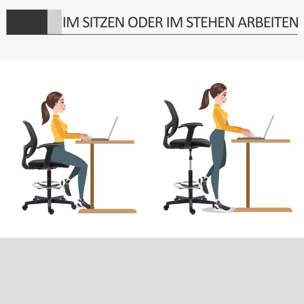 Zeichenstuhl mit Fußstütze 5 Rollen höhenverstellbar Stahl Mesh-Stoff Schwarz