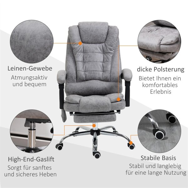Bürostuhl mit Massagefunktion, Ergonomischer Schreibtischstuhl mit Liege- & Wärmefunktion, Fernbedienung, Grau