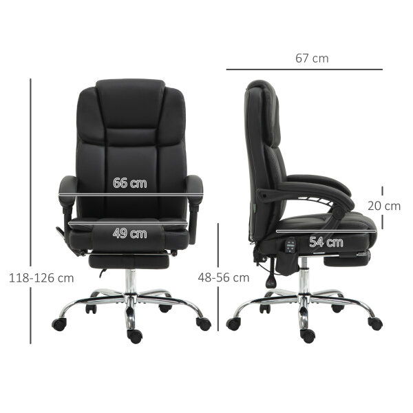 Verstellbarer Bürostuhl mit 6 Massagepunkten, Wärmefunktion, Fußstütze, Kunstleder, Schwarz