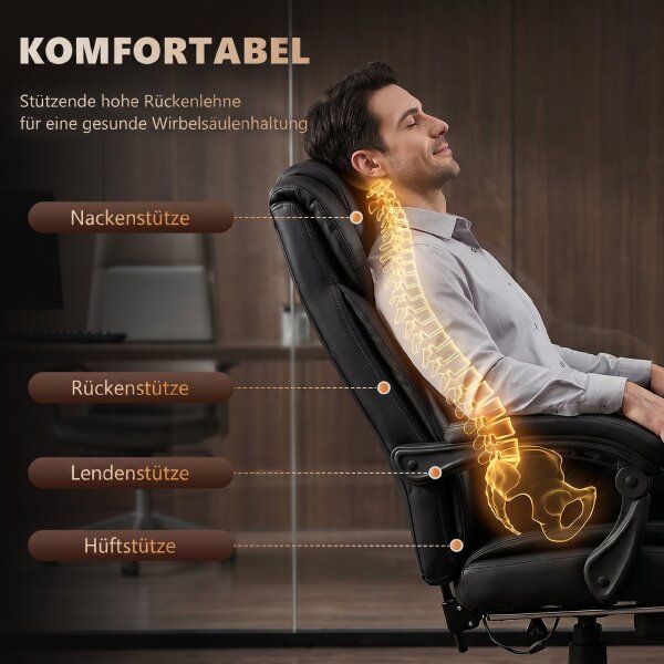 Bürostuhl Ergonomisch mit Massagefunktion Schreibtischstuhl mit Fußstütze, Hoher Rückenlehne, Lendenstütze Schwarz
