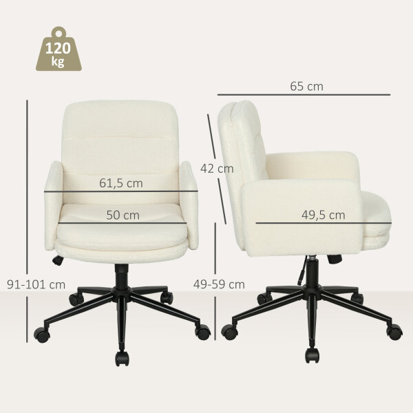 Fahrbarer Bürostuhl mit Stoffbezug, Armlehne, 5 Räder, drehbar, Cremeweiß