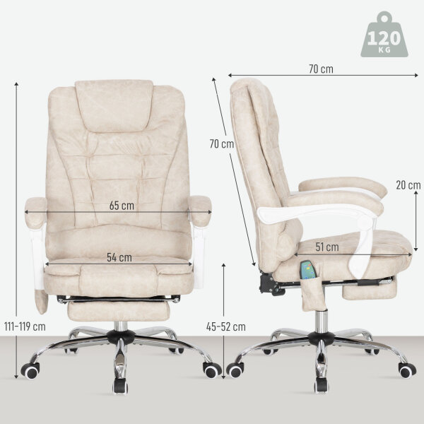 Bürostuhl mit Massagefunktion, ergonomisch, 65x160x104cm, Cremeweiß