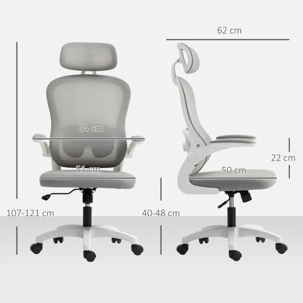 Ergonomischer Bürostuhl mit Netzstoff-Rückenlehne, höhenverstellbar, klappbare Armlehnen, 5 Rollen, Wippfunktion, Grau