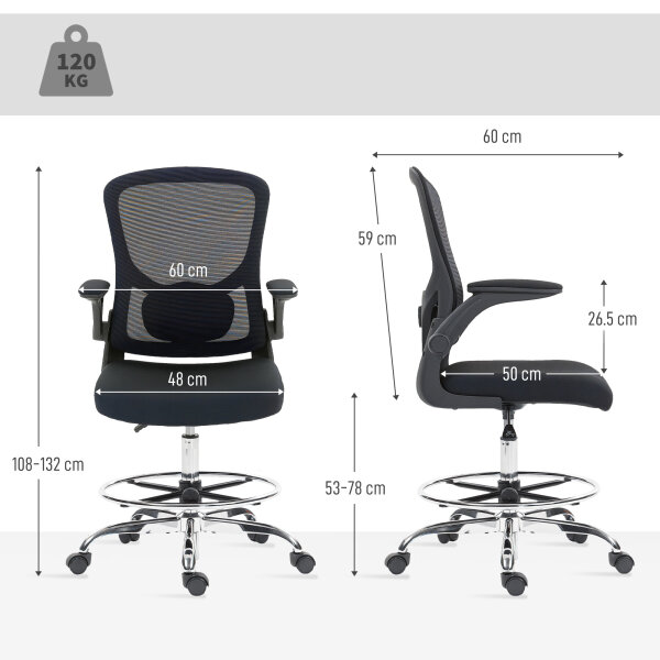 Zeichenstuhl mit Lendenstütze, höhenverstellbar, drehbar, für Homeoffice, Studio, Kunstprojekte, Schwarz