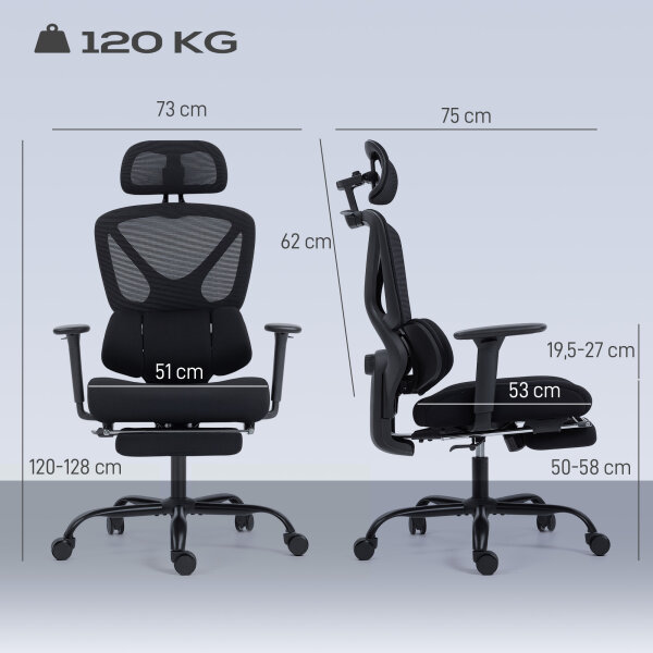 Ergonomischer Bürostuhl mit Rollen, Netzstoff, Lendenstütze, Computerstuhl mit Armlehnen, verstellbare Kopfstütze