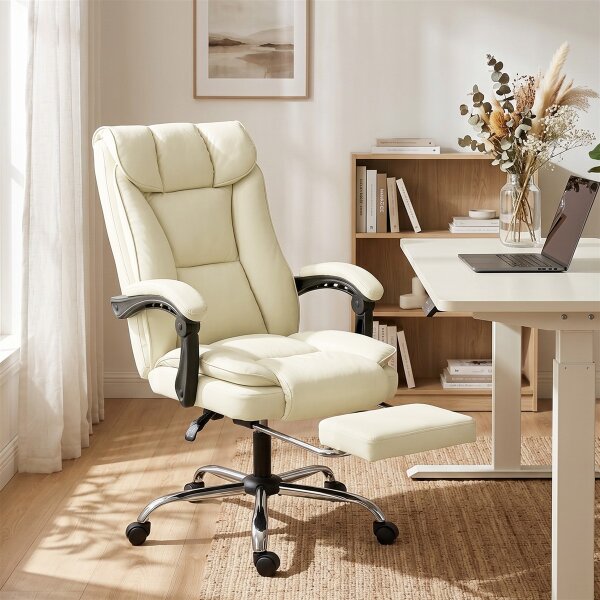 Ergonomischer Bürostuhl mit Fußstütze, Kunstleder-Bezug, rollbar, drehbar, Metall, Beige+Schwarz