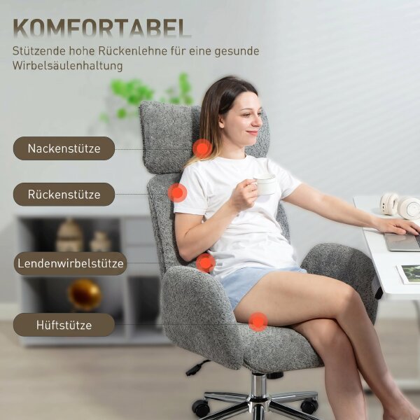 Bürostuhl mit verstellbarer Kopfstütze, ergonomischer Schreibtischstuhl, Kippfunktion, höhenverstellbar, Dunkelgrau