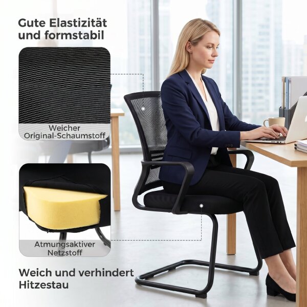 2er-Set ergonomische Schreibtischstühle ohne Rollen, gepolsterte Konferenzstühle mit Kufengestell für Wartezimmer und Empfang, Schwarz