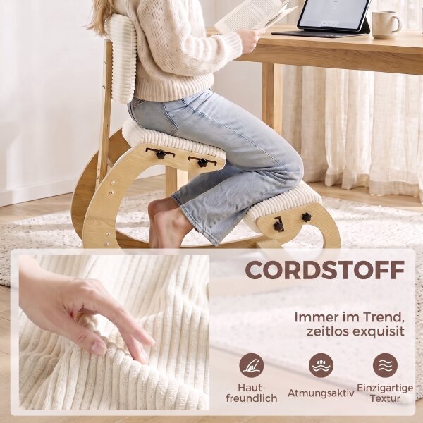 Ergonomischer Kniestuhl, Kniehocker mit Rückenlehne, Cord-Optik, Bürostuhl für Zuhause, Büro, Meditation, Cremeweiß