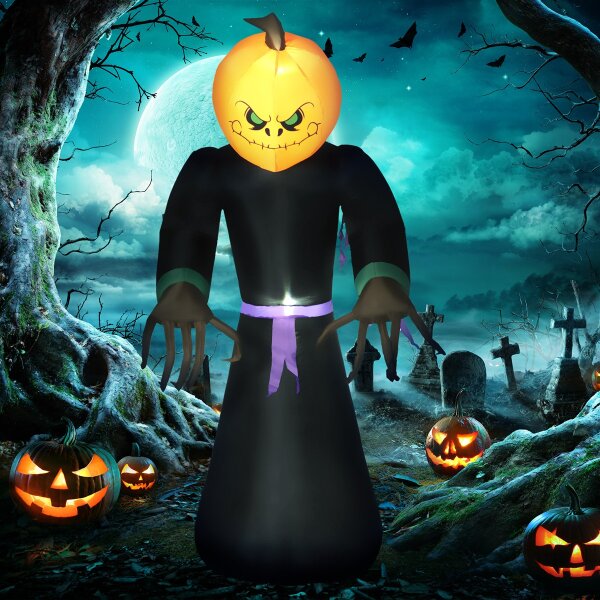 210 cm Aufblasbar Kürbisgeist, Halloween Horror Deko mit LED Beleuchtung, Halloween-Dekoration, Wasserdichte Luftfigur, Polyester, für Indoor, Outdoor