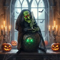 Animierte Halloween-Tischhexe mit Lachsound, leuchtenden...