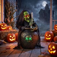 Animierte Halloween-Tischhexe mit Lachsound, leuchtenden Augen und Sound-/Touch-Aktivierung