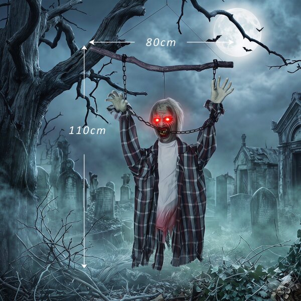 110 cm animierte hängende Halloween-Deko, schreiender Zombie, Sound- & Berührungsaktivierung, rote LED-Augen