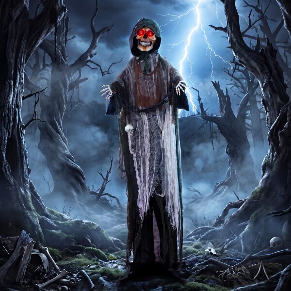 Animierter Sensenmann, 170 cm, lebensgroße Halloween-Animatronic mit beweglichen Händen/Kopf, leuchtenden Augen und Gruselsound