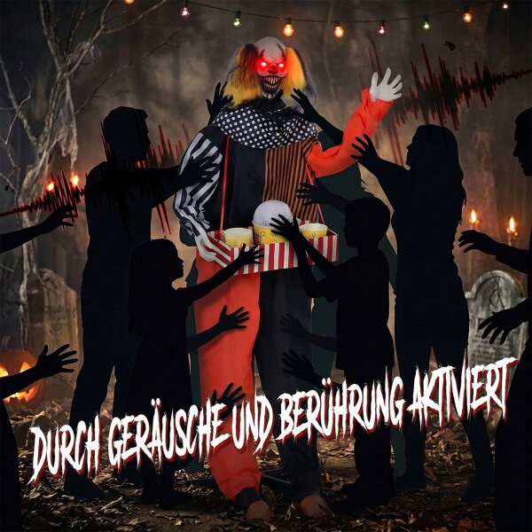 Animierter Halloween-Popcorn-Clown mit hochschnellendem Kopf, Grusel-Sound, Jahrmarktmusik und leuchtenden Augen