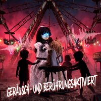 Animiertes Halloween-Mädchen auf Schaukelpferd mit gruseligen Reimen, leuchtenden Augen und Sound-/Touch-Aktivierung