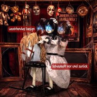 Animiertes Halloween-Mädchen auf Schaukelpferd mit gruseligen Reimen, leuchtenden Augen und Sound-/Touch-Aktivierung