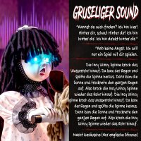 Animiertes Halloween-Mädchen auf Schaukelpferd mit gruseligen Reimen, leuchtenden Augen und Sound-/Touch-Aktivierung