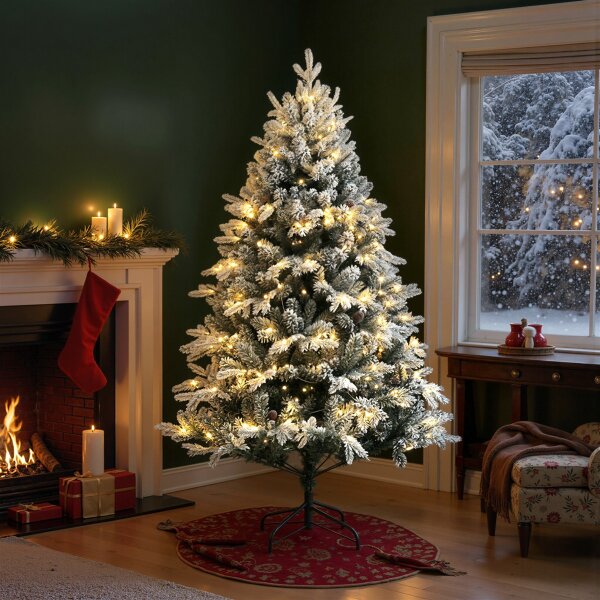Künstlicher Weihnachtsbaum, 180 cm, LED-Lichter, schneebedeckt, flammenhemmend, Metall